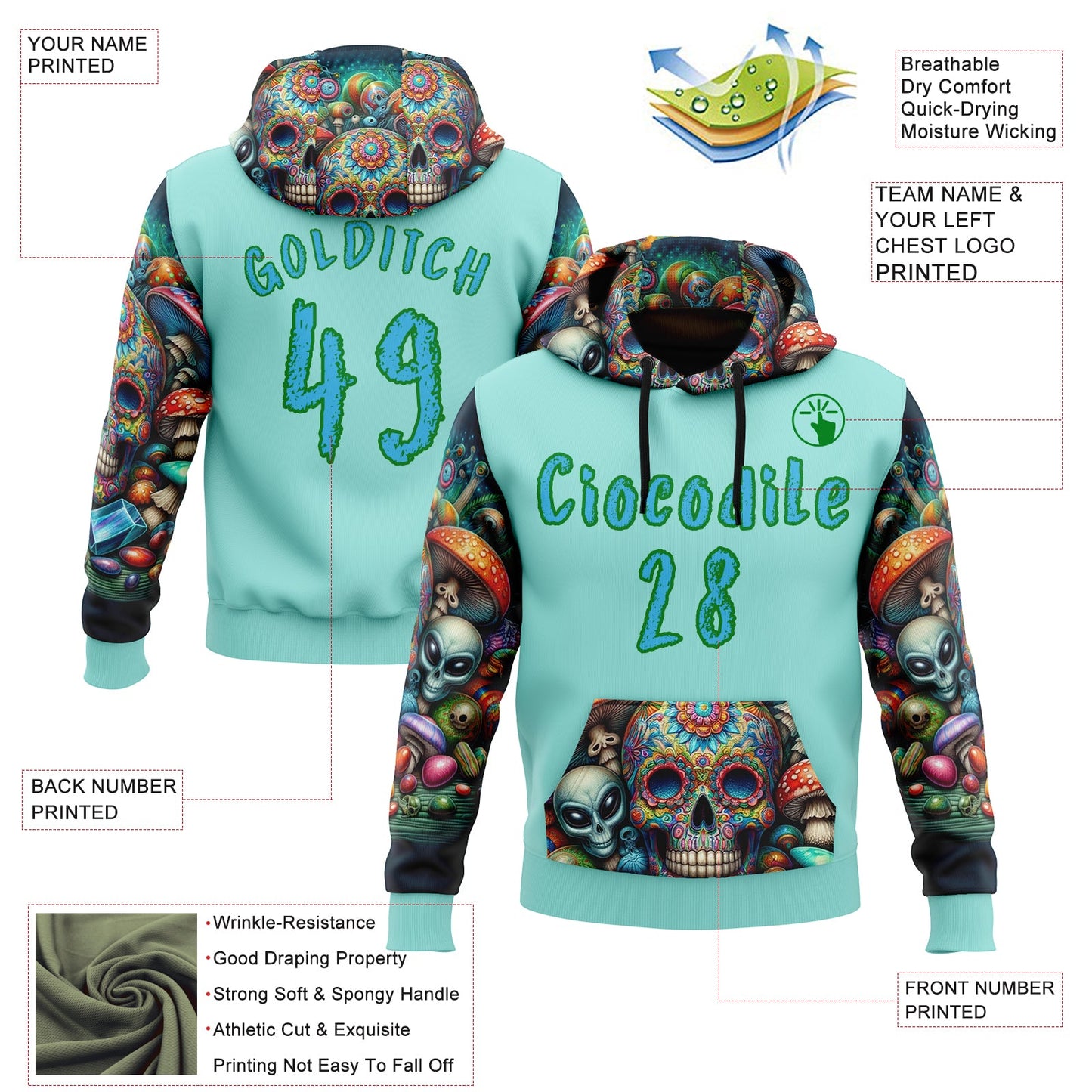 Custom Ice Blue Sky Blue-Grass Green 3D Skull Psychedelic Alien Sports Pullover Sweatshirt Hoodie view 2