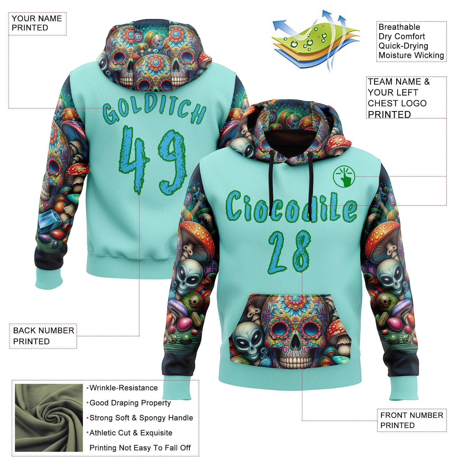 Custom Ice Blue Sky Blue-Grass Green 3D Skull Psychedelic Alien Sports Pullover Sweatshirt Hoodie view 2