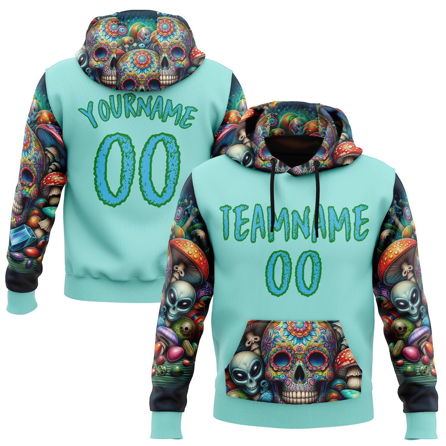 Custom Ice Blue Sky Blue-Grass Green 3D Skull Psychedelic Alien Sports Pullover Sweatshirt Hoodie - Main View