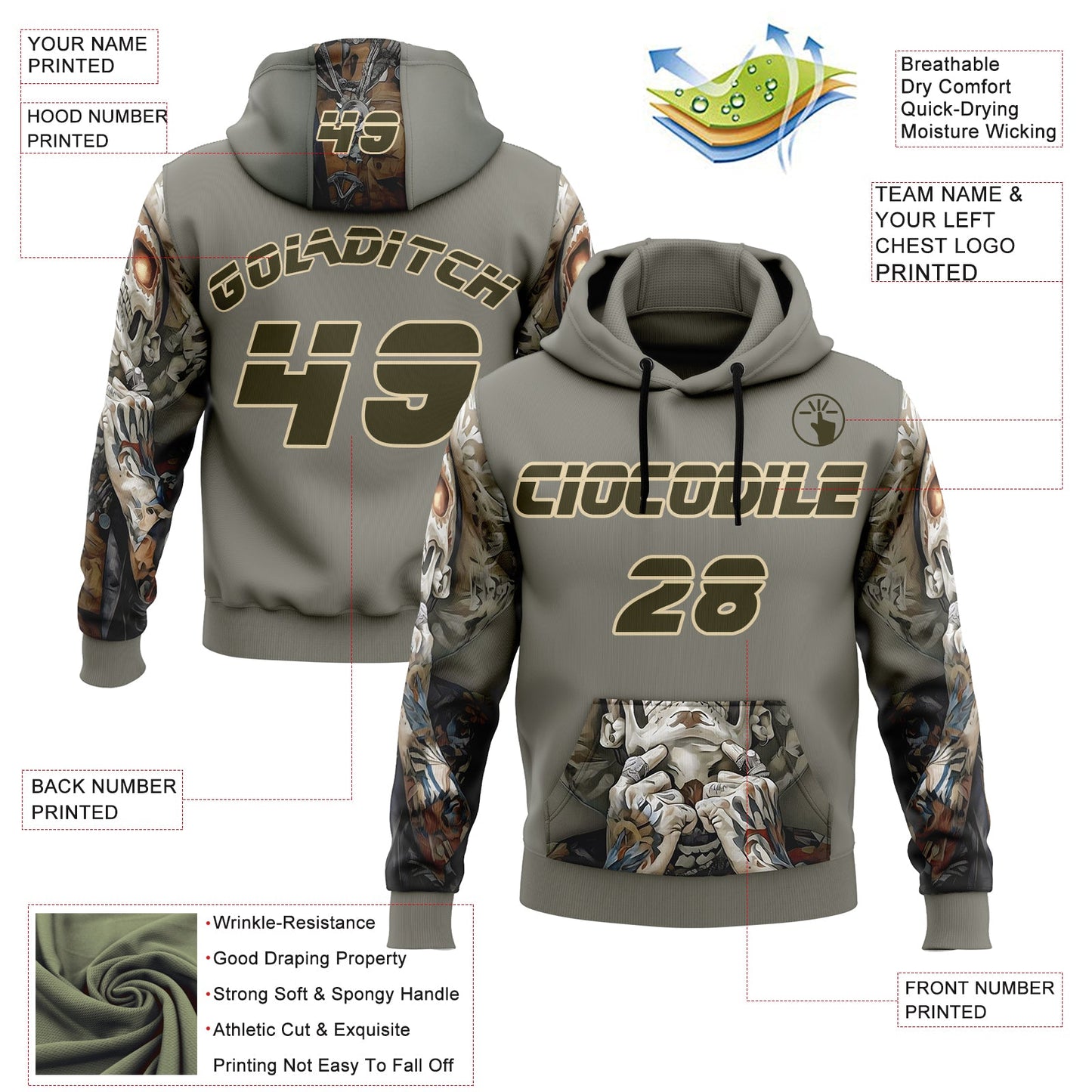 Custom Gray Olive-City Cream 3D Skull Tattoo Sports Pullover Sweatshirt Hoodie view 2