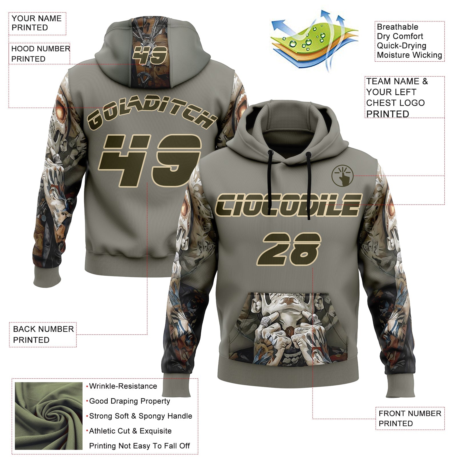 Custom Gray Olive-City Cream 3D Skull Tattoo Sports Pullover Sweatshirt Hoodie view 2