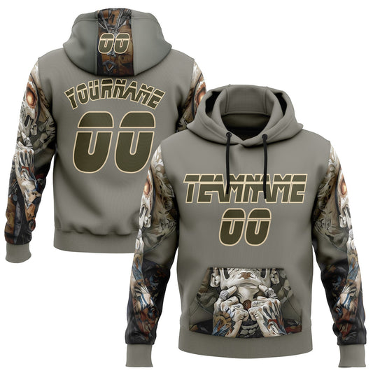Custom Gray Olive-City Cream 3D Skull Tattoo Sports Pullover Sweatshirt Hoodie - Main View