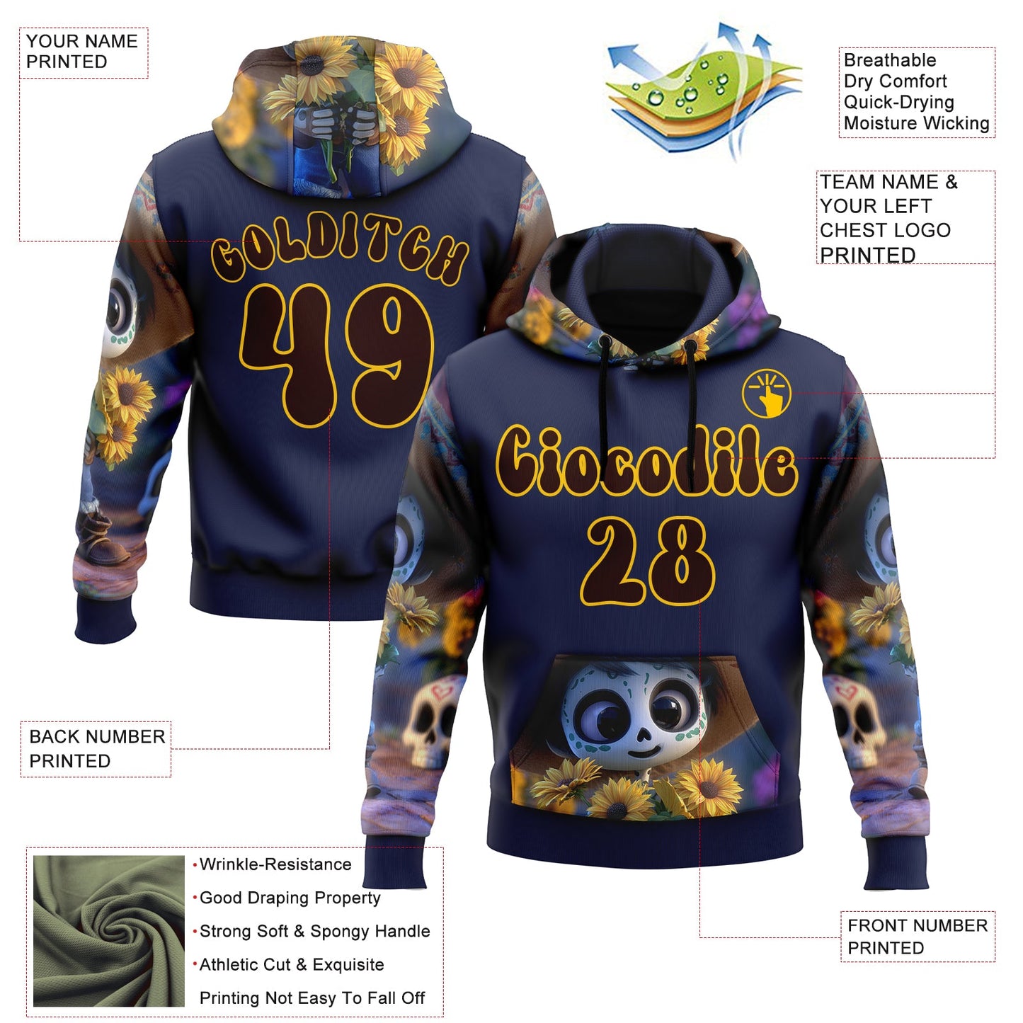 Custom Blue Brown-Yellow 3D Skull Sunflower Day Of The Dead Dia de los Muertos Sports Pullover Sweatshirt Hoodie view 2