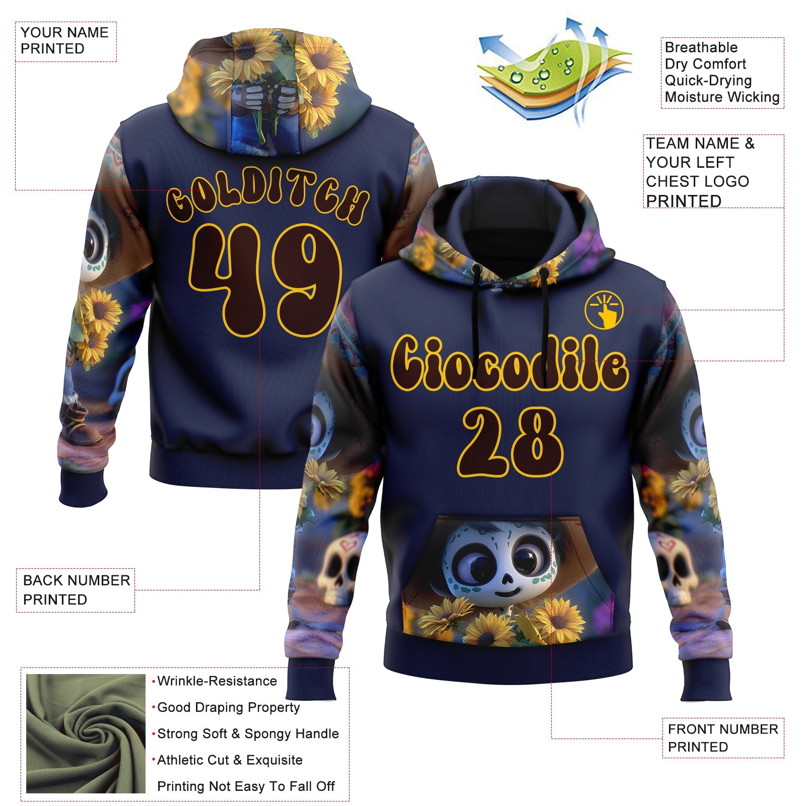 Custom Blue Brown-Yellow 3D Skull Sunflower Day Of The Dead Dia de los Muertos Sports Pullover Sweatshirt Hoodie view 2