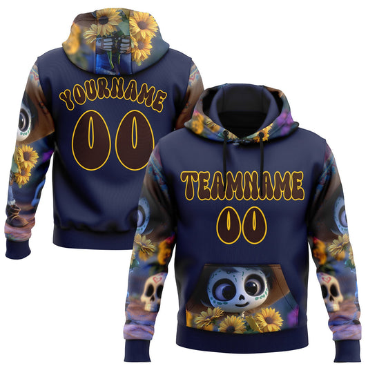 Custom Blue Brown-Yellow 3D Skull Sunflower Day Of The Dead Dia de los Muertos Sports Pullover Sweatshirt Hoodie - Main View