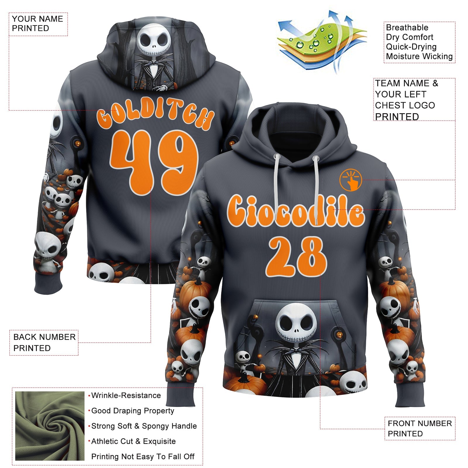 Custom Gray Bay Orange-White 3D Skull Halloween Pumpkin Sports Pullover Sweatshirt Hoodie view 2