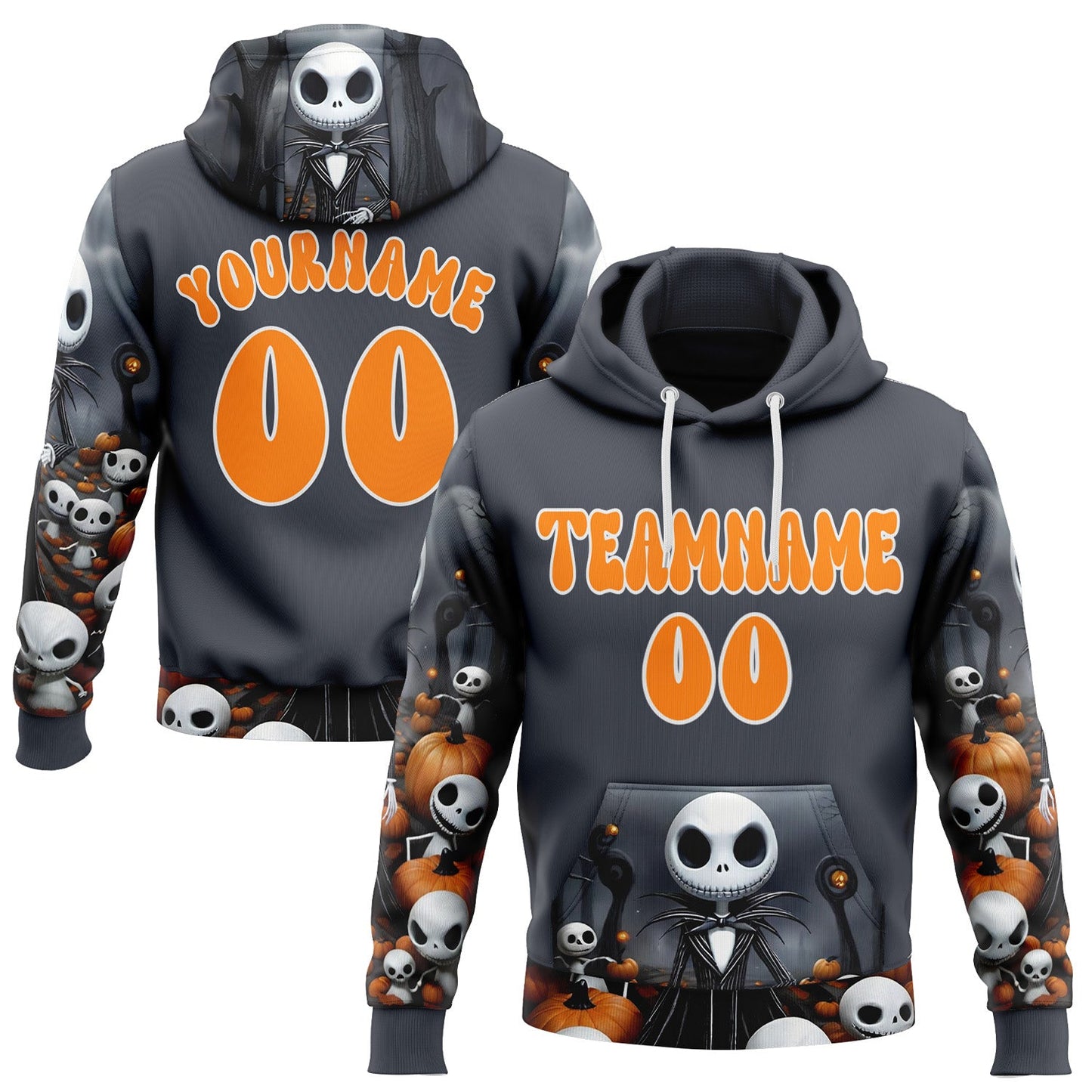 Custom Gray Bay Orange-White 3D Skull Halloween Pumpkin Sports Pullover Sweatshirt Hoodie - Main View