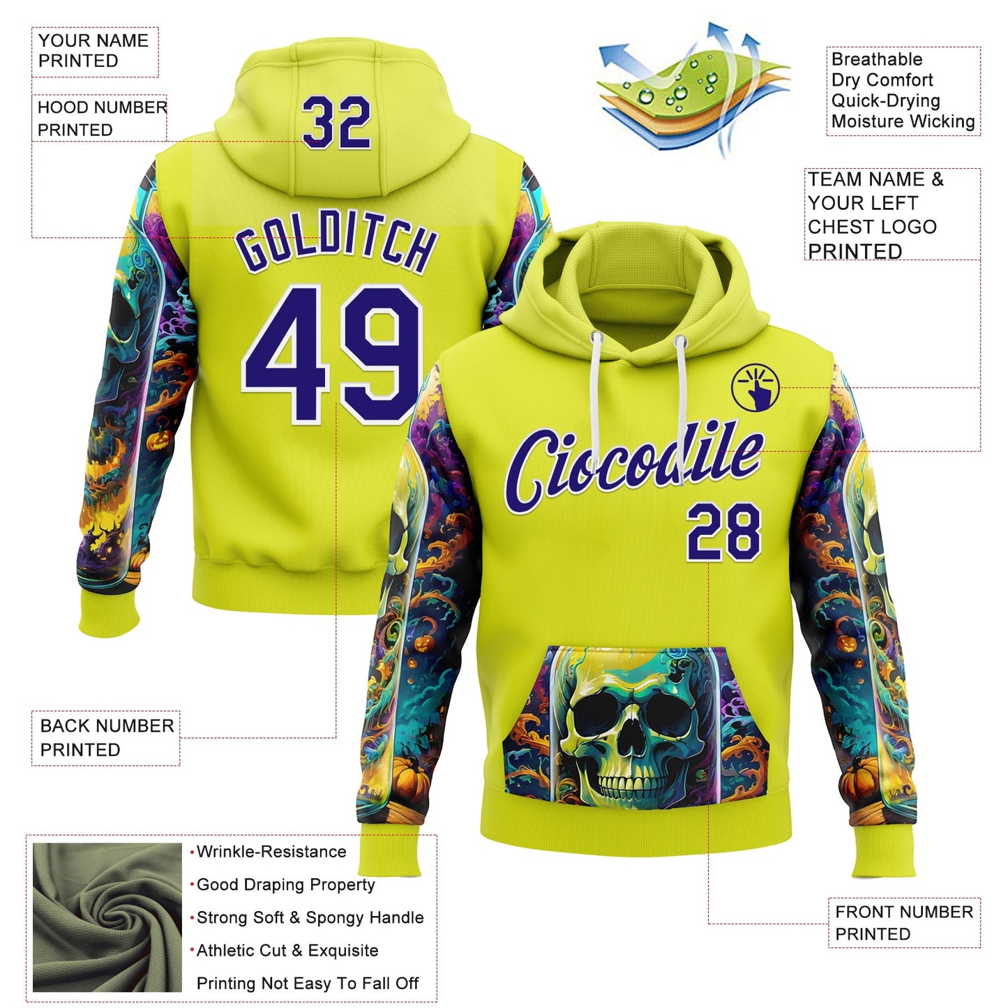 Custom Neon Yellow Dark Purple-White 3D Skull Psychedelic Sports Pullover Sweatshirt Hoodie view 2