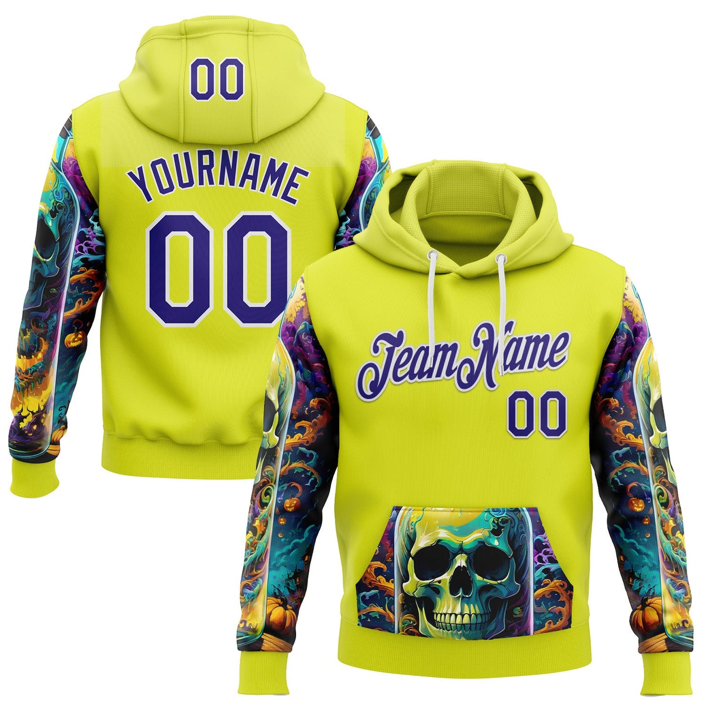 Custom Neon Yellow Dark Purple-White 3D Skull Psychedelic Sports Pullover Sweatshirt Hoodie - Main View