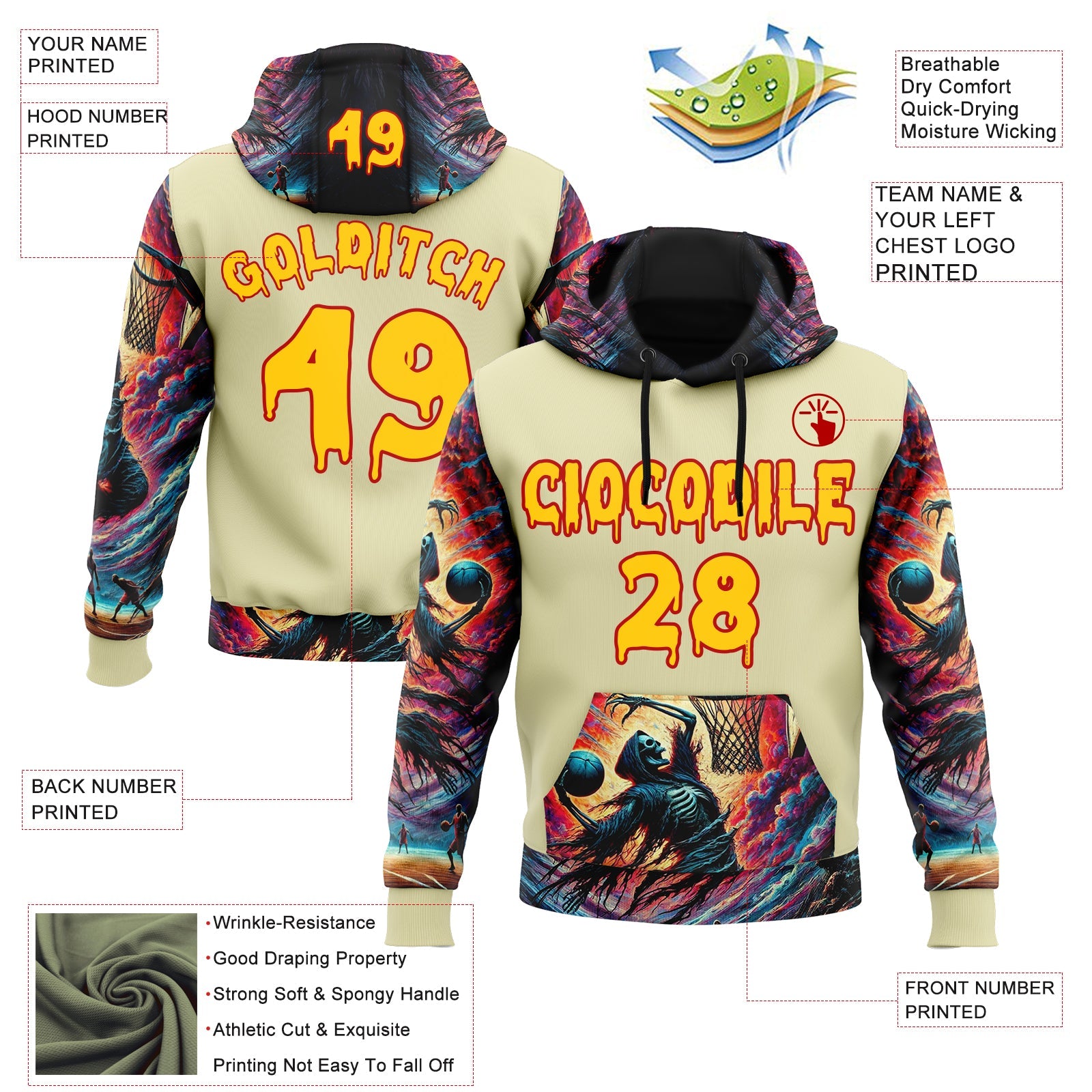 Custom Yellow Red 3D Skull Basketball Player Sports Pullover Sweatshirt Hoodie view 2