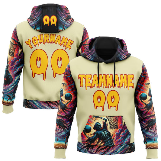 Custom Yellow Red 3D Skull Basketball Player Sports Pullover Sweatshirt Hoodie - Main View
