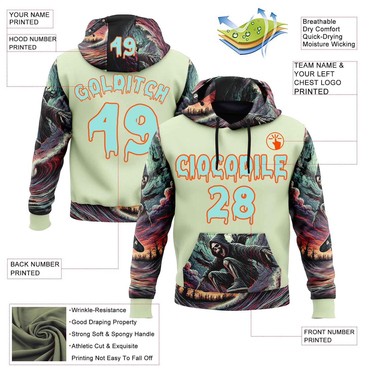 Custom Green Ice Blue-Orange 3D Skull Hell Sports Pullover Sweatshirt Hoodie view 2