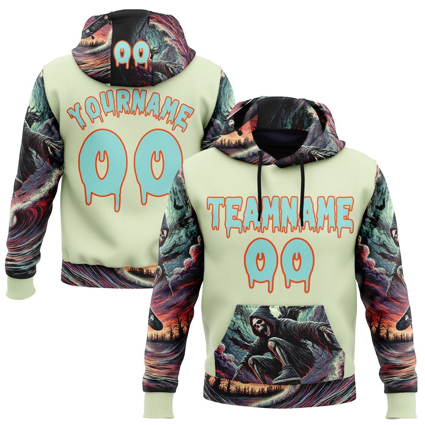 Custom Green Ice Blue-Orange 3D Skull Hell Sports Pullover Sweatshirt Hoodie - Main View