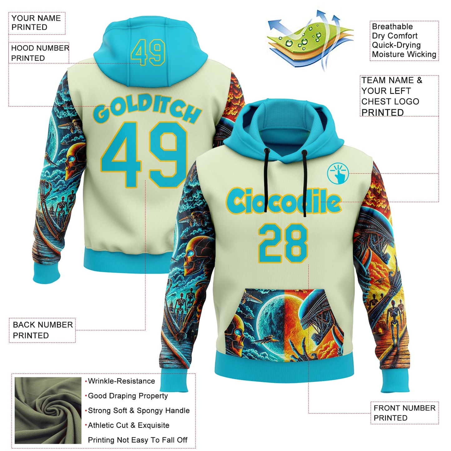 Custom Green Lakes Blue-Yellow 3D Skull Alien Sports Pullover Sweatshirt Hoodie view 2