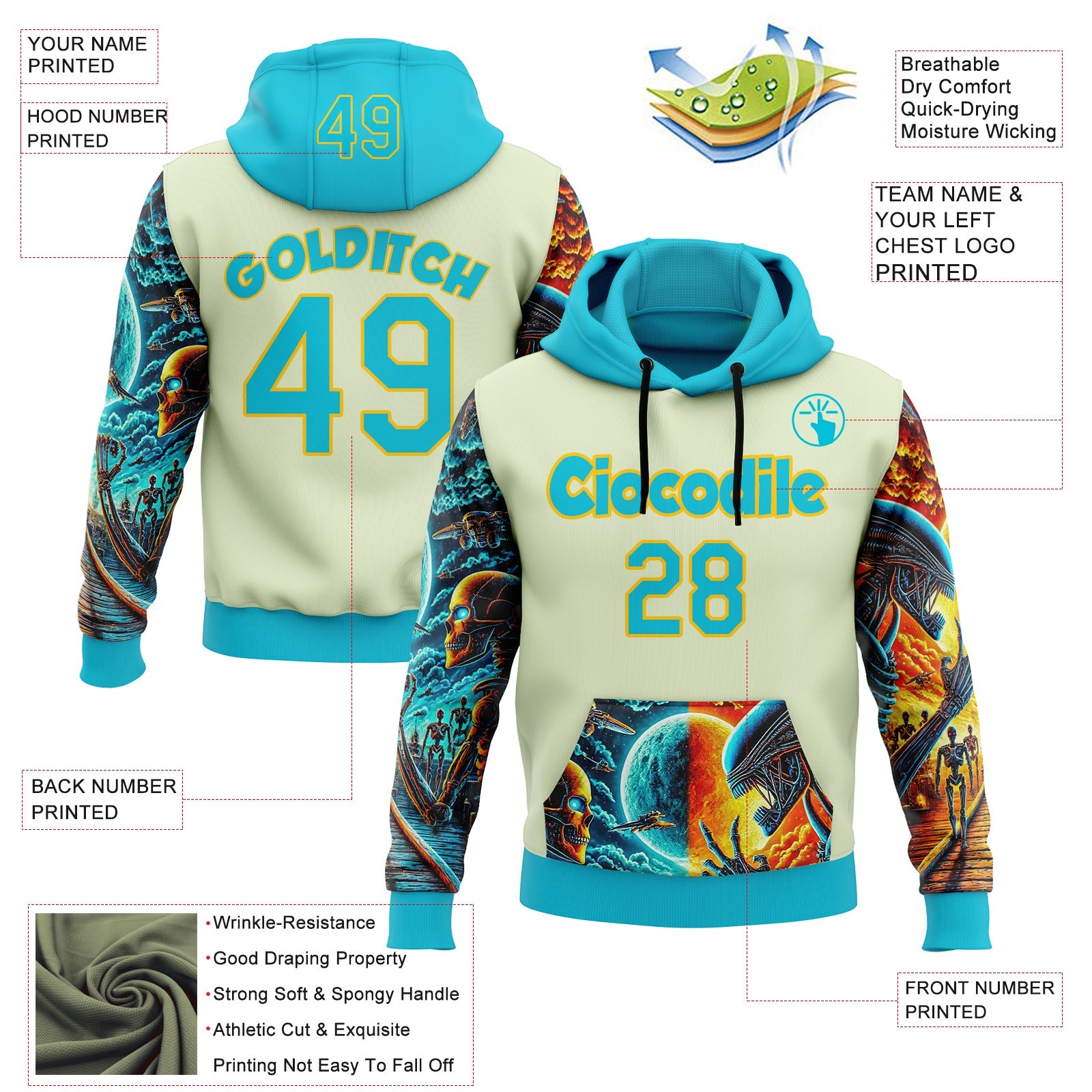Custom Green Lakes Blue-Yellow 3D Skull Alien Sports Pullover Sweatshirt Hoodie view 2