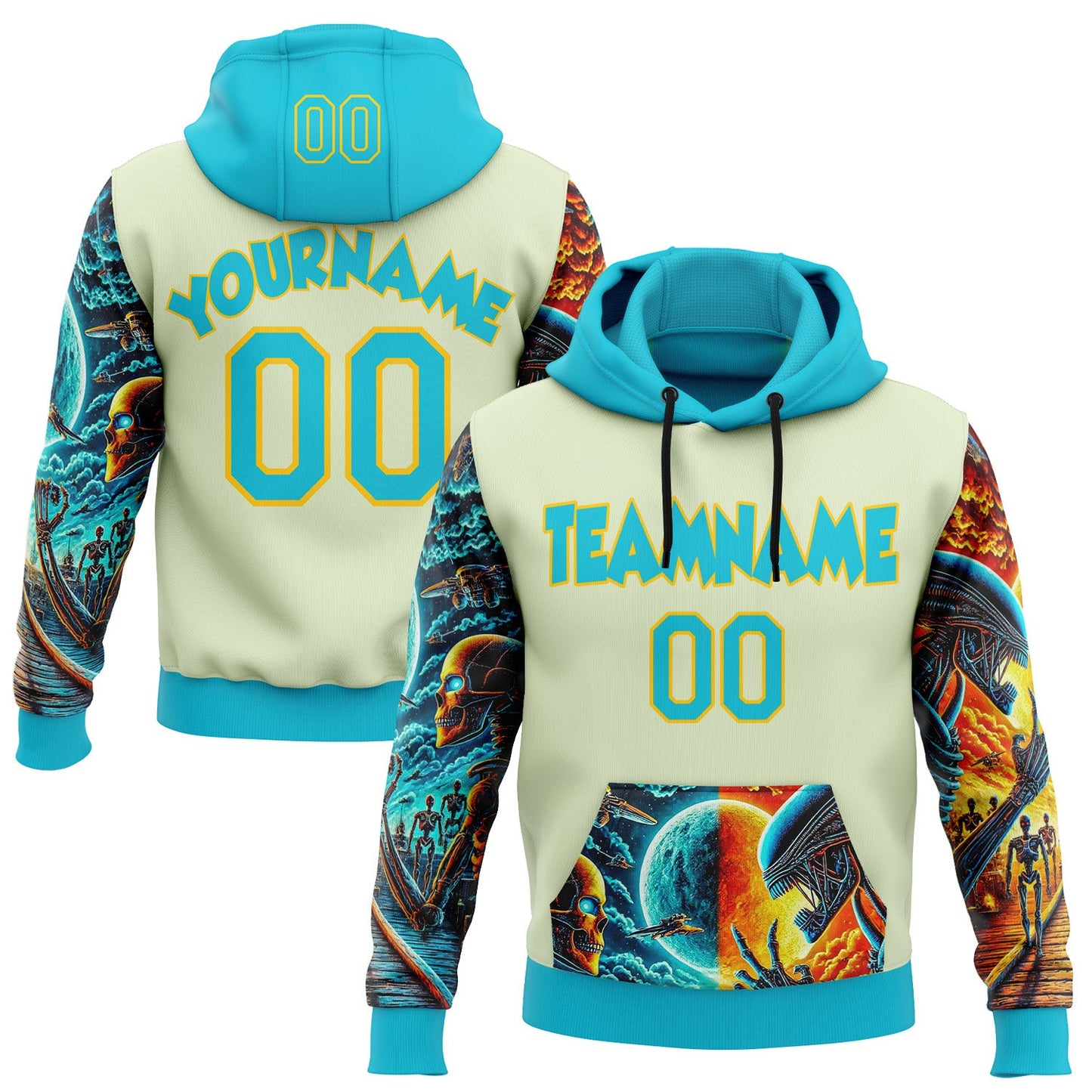 Custom Green Lakes Blue-Yellow 3D Skull Alien Sports Pullover Sweatshirt Hoodie - Main View