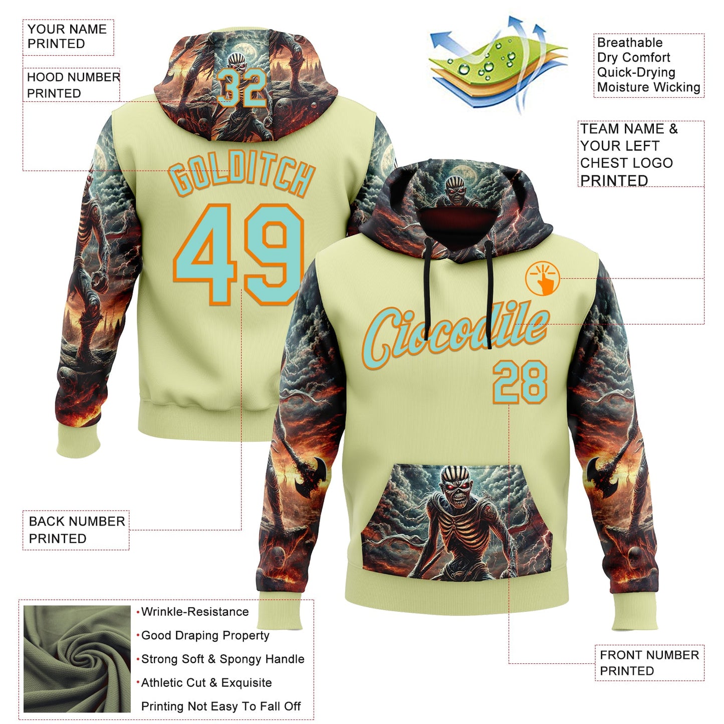 Custom Yellow Ice Blue-Bay Orange 3D Skull Hell Sports Pullover Sweatshirt Hoodie view 2