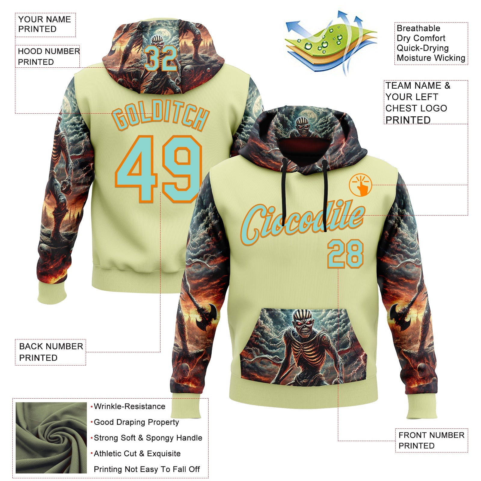Custom Yellow Ice Blue-Bay Orange 3D Skull Hell Sports Pullover Sweatshirt Hoodie view 2