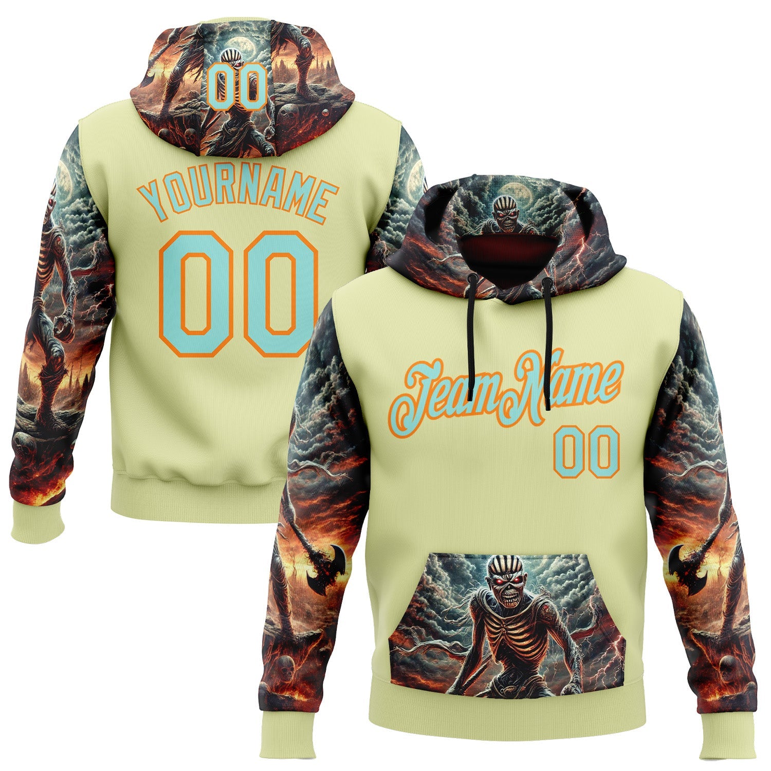 Custom Yellow Ice Blue-Bay Orange 3D Skull Hell Sports Pullover Sweatshirt Hoodie - Main View