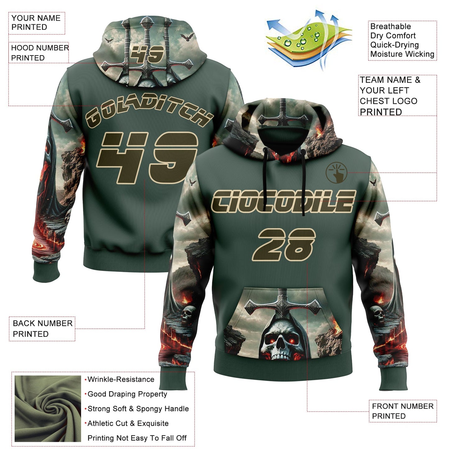 Custom Green Olive-City Cream 3D Skull Hell Cross Sports Pullover Sweatshirt Hoodie view 2
