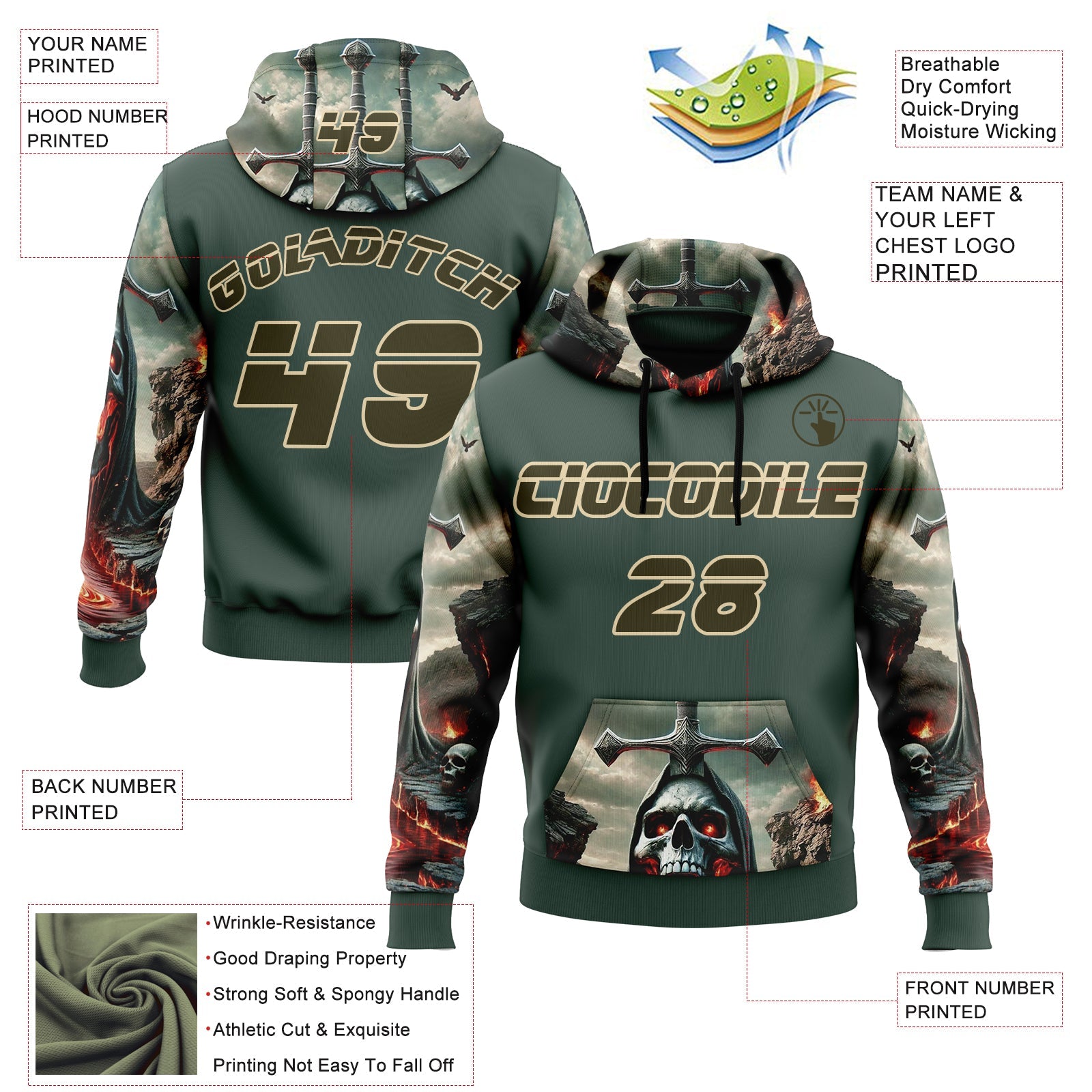 Custom Green Olive-City Cream 3D Skull Hell Cross Sports Pullover Sweatshirt Hoodie view 2