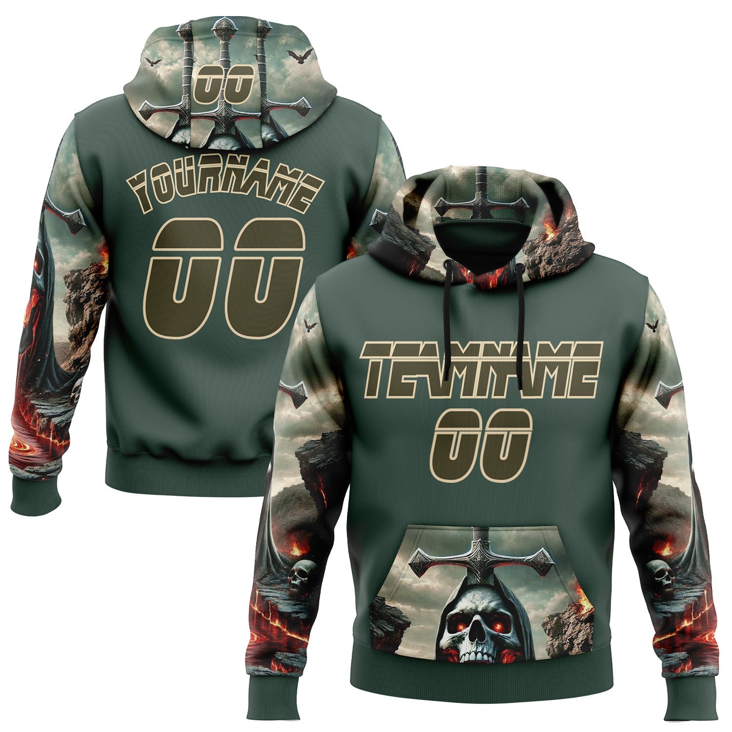 Custom Green Olive-City Cream 3D Skull Hell Cross Sports Pullover Sweatshirt Hoodie - Main View