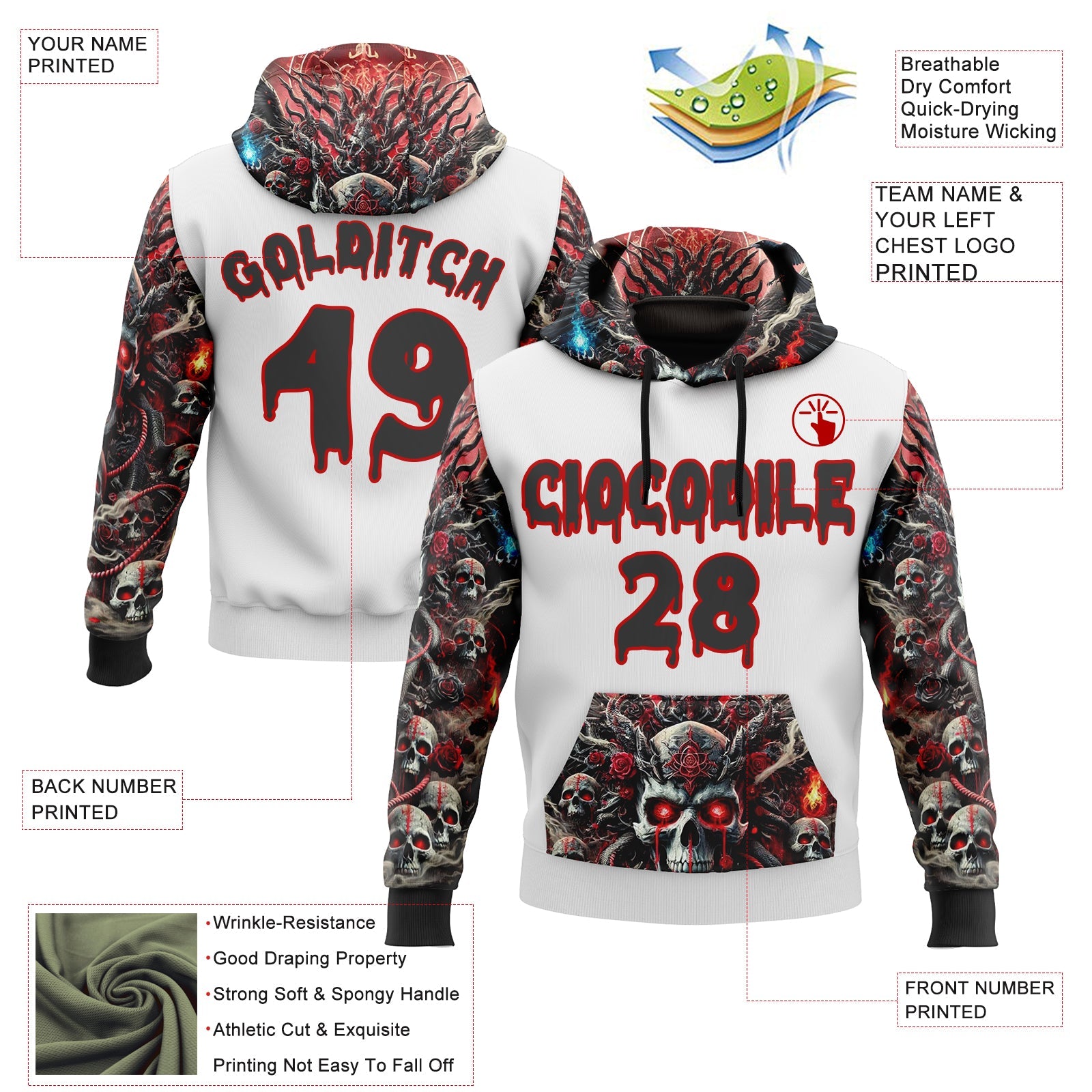 Custom White Black-Red 3D Skull Hell Sports Pullover Sweatshirt Hoodie view 2