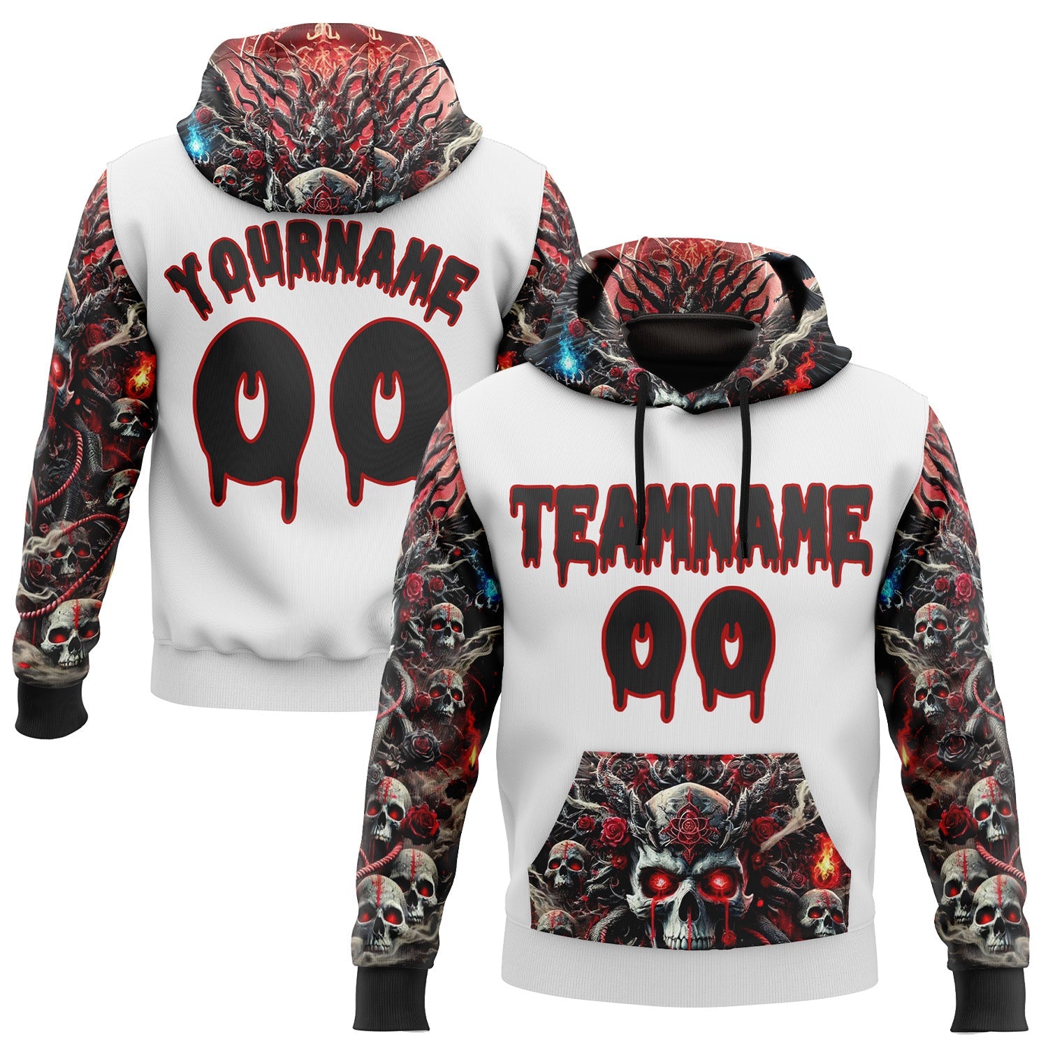 Custom White Black-Red 3D Skull Hell Sports Pullover Sweatshirt Hoodie - Main View