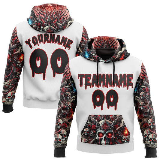 Custom White Black-Red 3D Skull Hell Sports Pullover Sweatshirt Hoodie - Main View