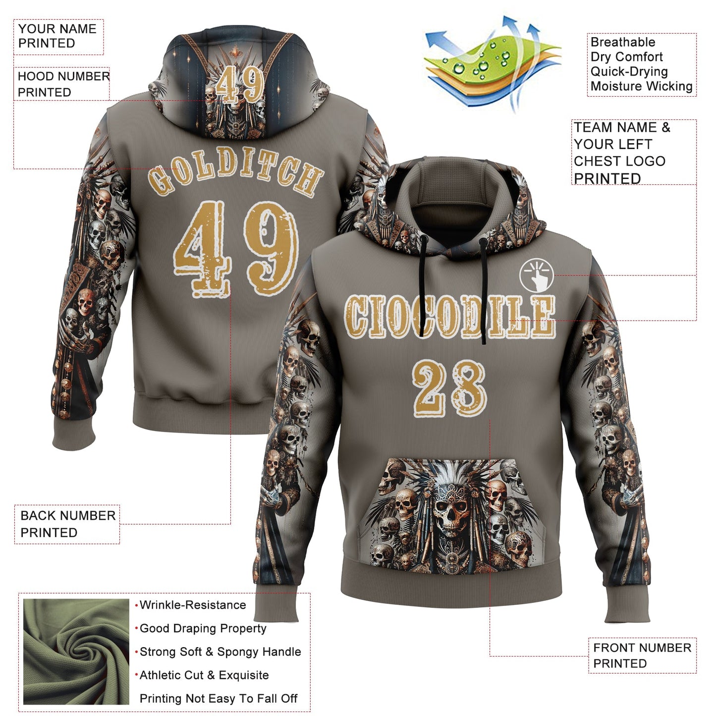 Custom Gray Old Gold-White 3D Skull Chief Sports Pullover Sweatshirt Hoodie view 2