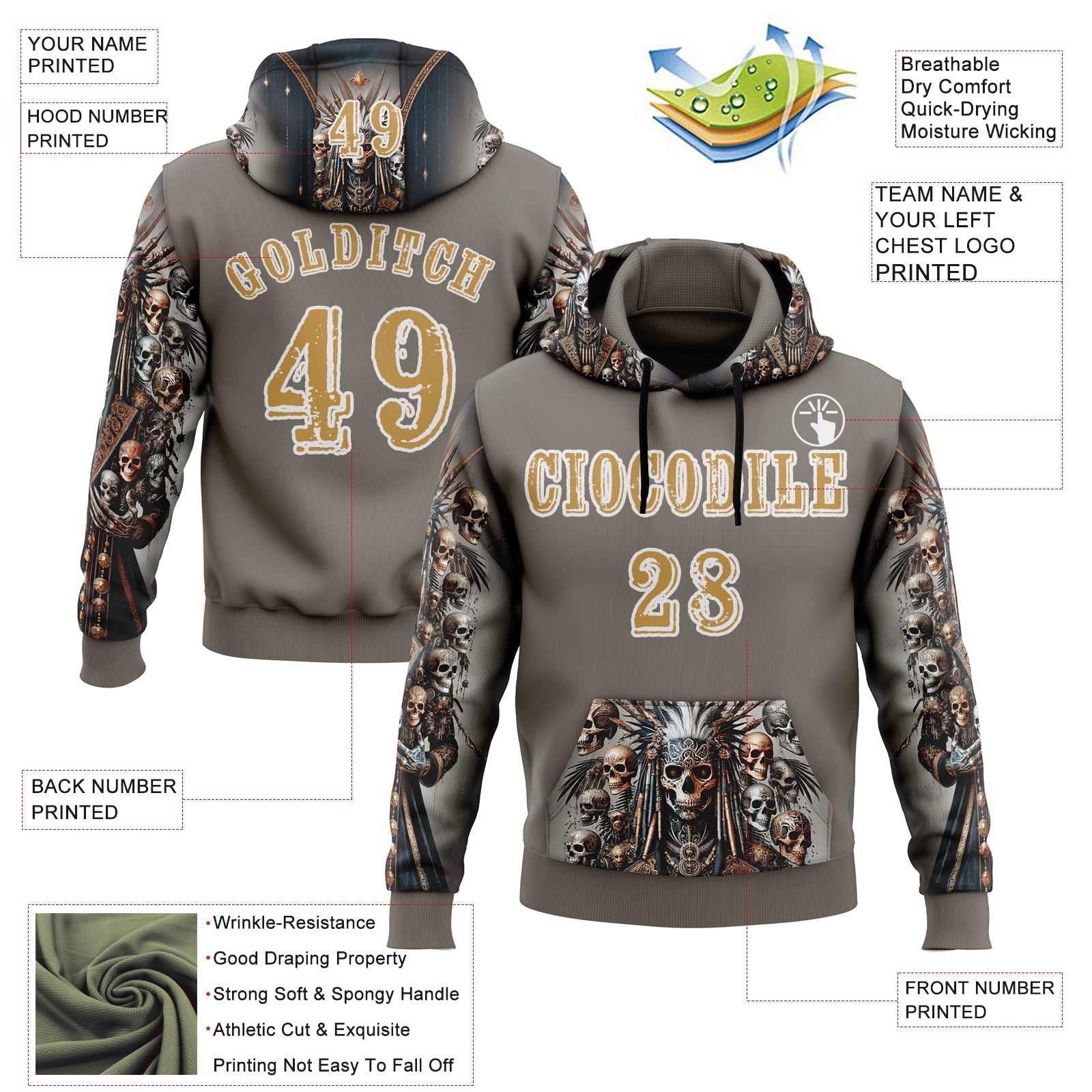 Custom Gray Old Gold-White 3D Skull Chief Sports Pullover Sweatshirt Hoodie view 2