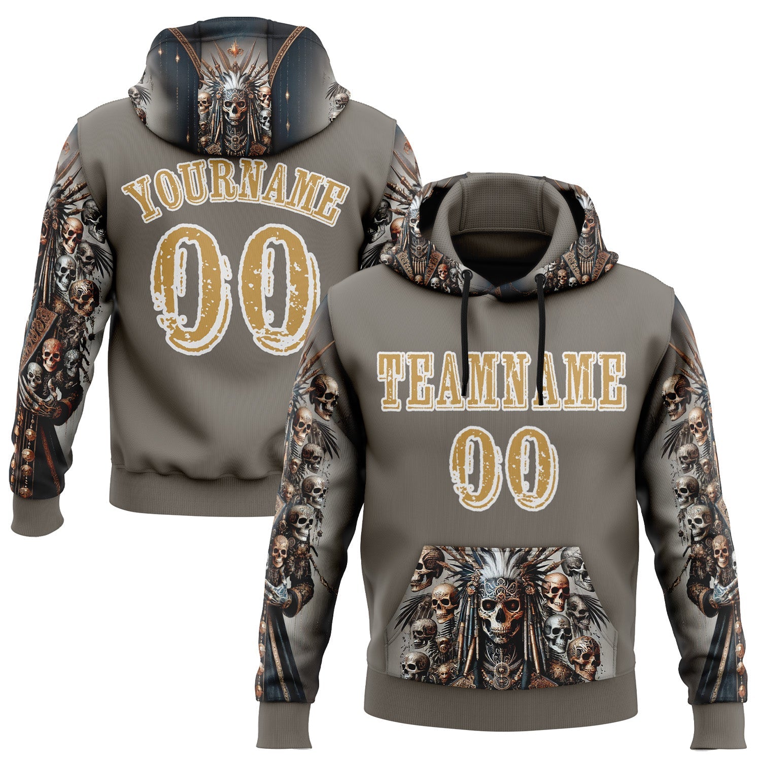 Custom Gray Old Gold-White 3D Skull Chief Sports Pullover Sweatshirt Hoodie - Main View