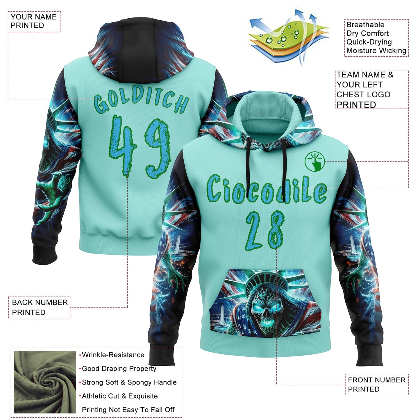 Custom Ice Blue Sky Blue-Grass Green 3D Skull Statue Of Liberty Sports Pullover Sweatshirt Hoodie view 2