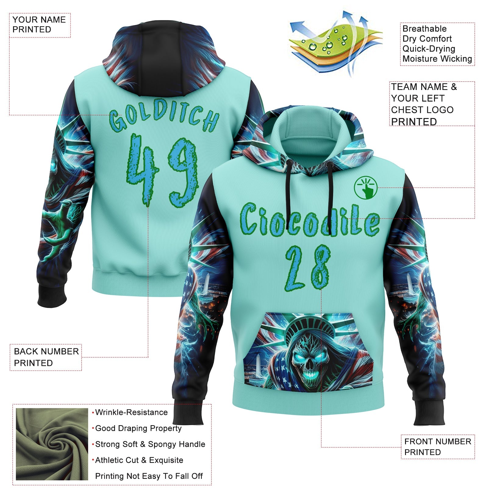 Custom Ice Blue Sky Blue-Grass Green 3D Skull Statue Of Liberty Sports Pullover Sweatshirt Hoodie view 2