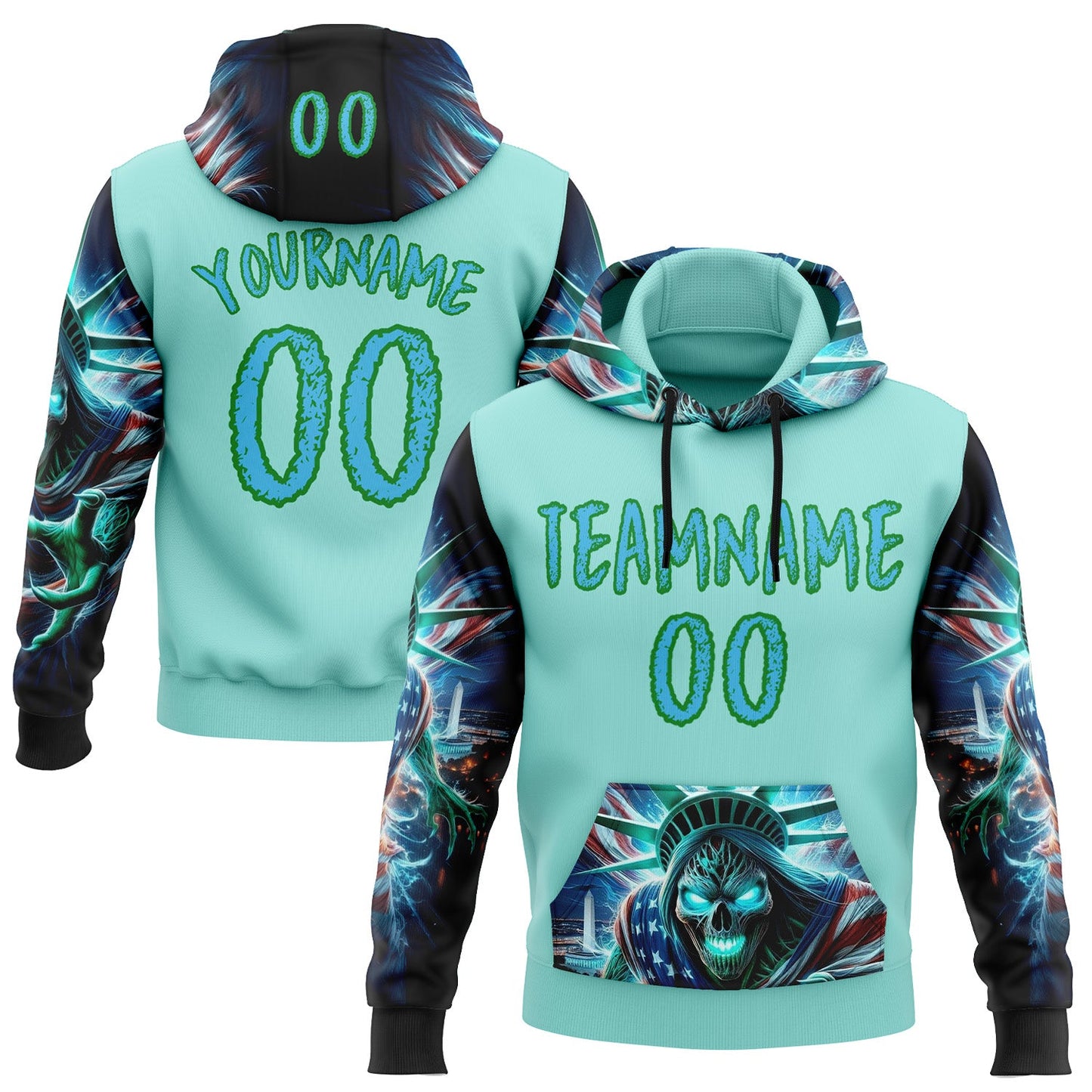 Custom Ice Blue Sky Blue-Grass Green 3D Skull Statue Of Liberty Sports Pullover Sweatshirt Hoodie - Main View