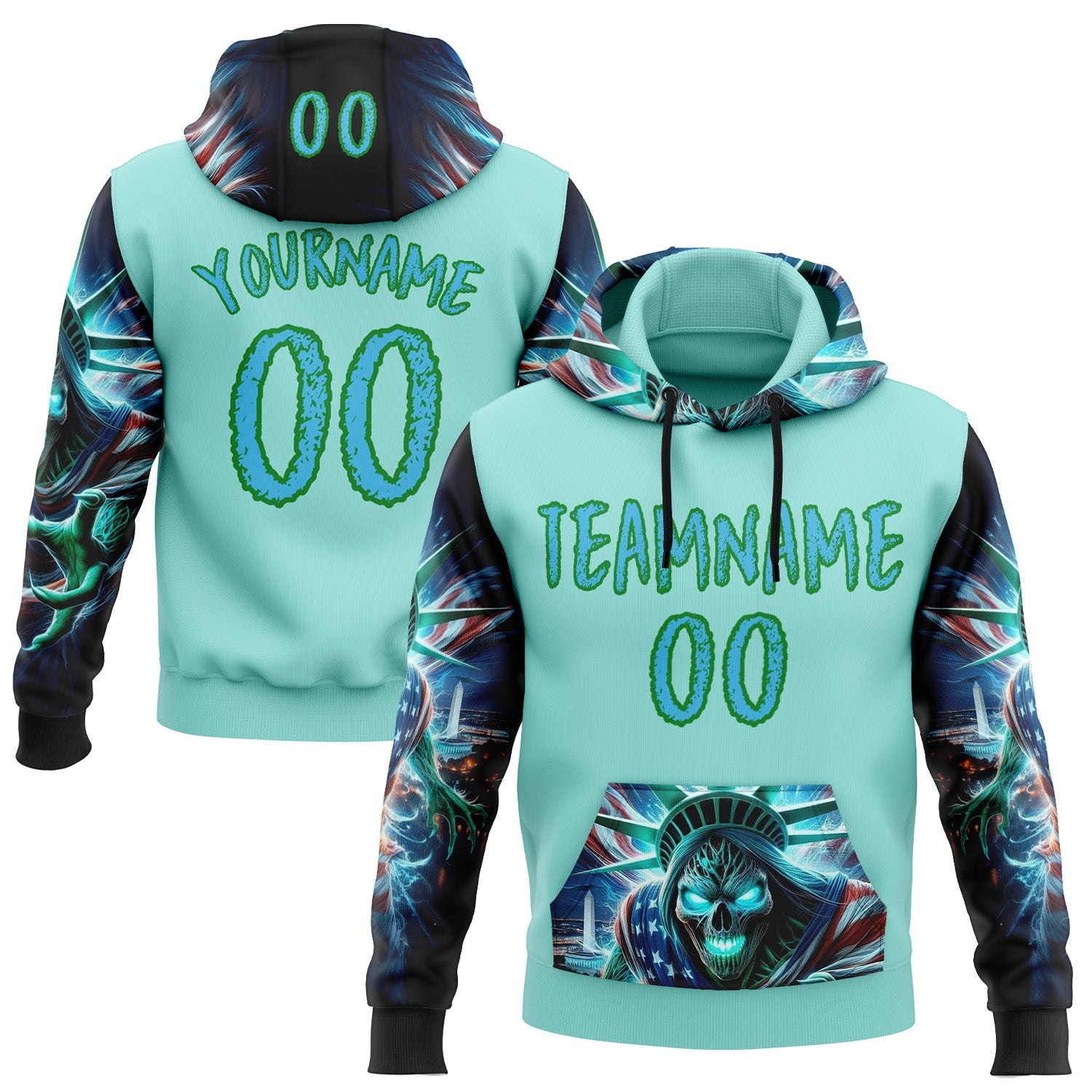 Custom Ice Blue Sky Blue-Grass Green 3D Skull Statue Of Liberty Sports Pullover Sweatshirt Hoodie - Main View