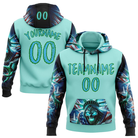 Custom Ice Blue Sky Blue-Grass Green 3D Skull Statue Of Liberty Sports Pullover Sweatshirt Hoodie - Main View