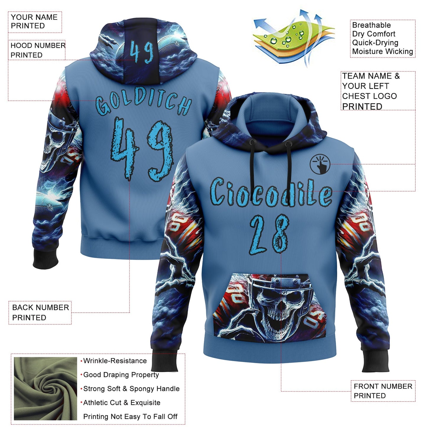Custom Blue Sky Blue-Black 3D Skull Football Player Sports Pullover Sweatshirt Hoodie view 2