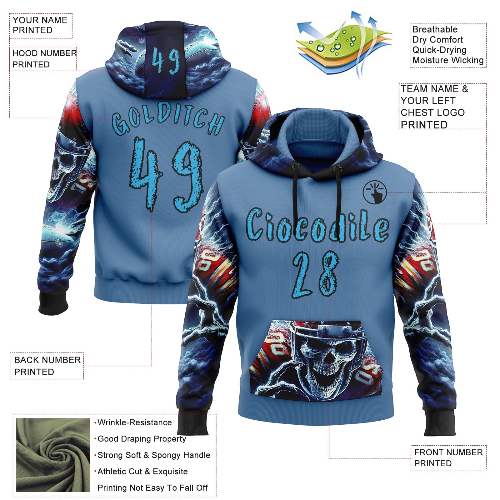 Custom Blue Sky Blue-Black 3D Skull Football Player Sports Pullover Sweatshirt Hoodie view 2