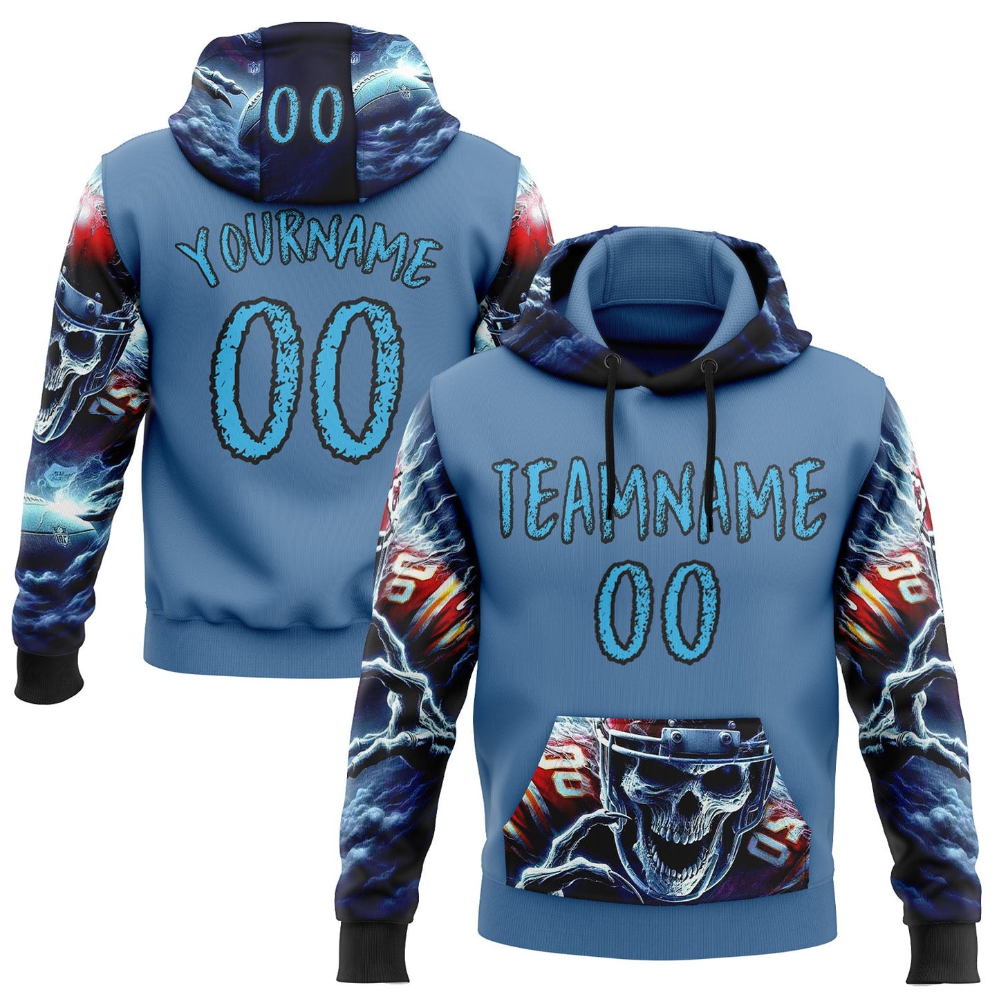Custom Blue Sky Blue-Black 3D Skull Football Player Sports Pullover Sweatshirt Hoodie - Main View