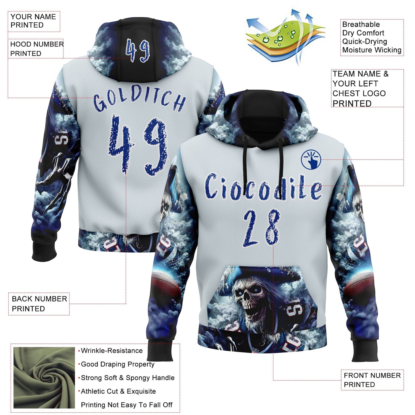 Custom Silver Royal-White 3D Skull Pirate Sports Pullover Sweatshirt Hoodie view 2