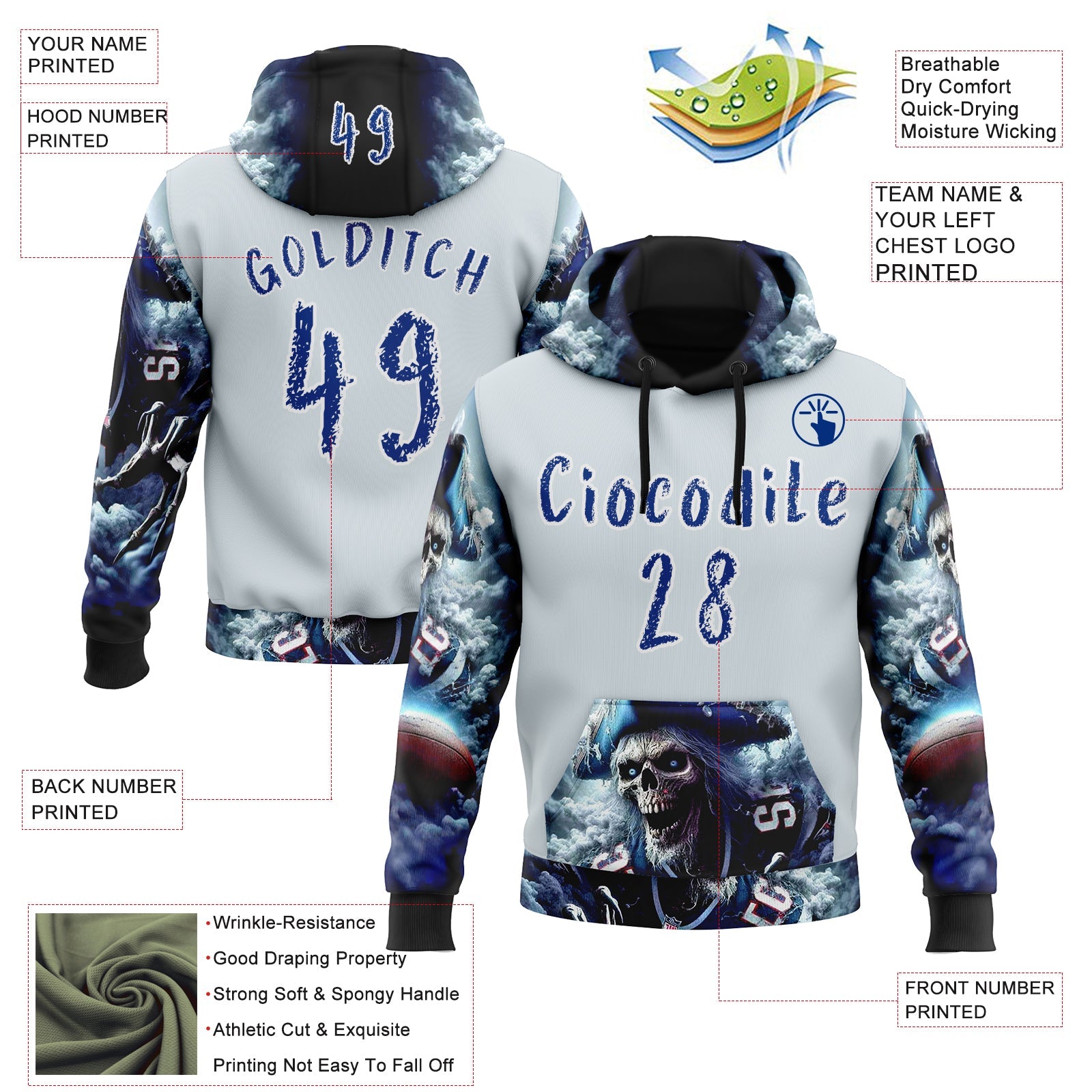 Custom Silver Royal-White 3D Skull Pirate Sports Pullover Sweatshirt Hoodie view 2