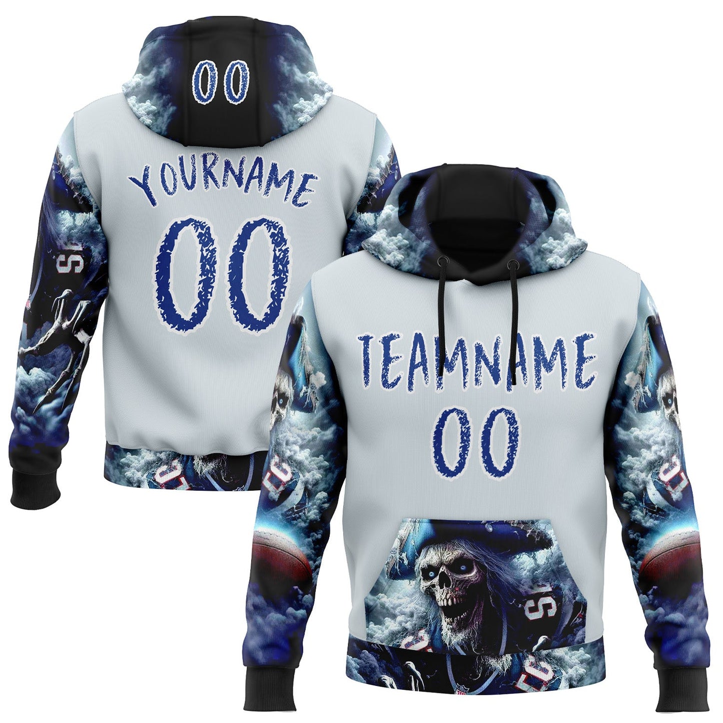 Custom Silver Royal-White 3D Skull Pirate Sports Pullover Sweatshirt Hoodie - Main View