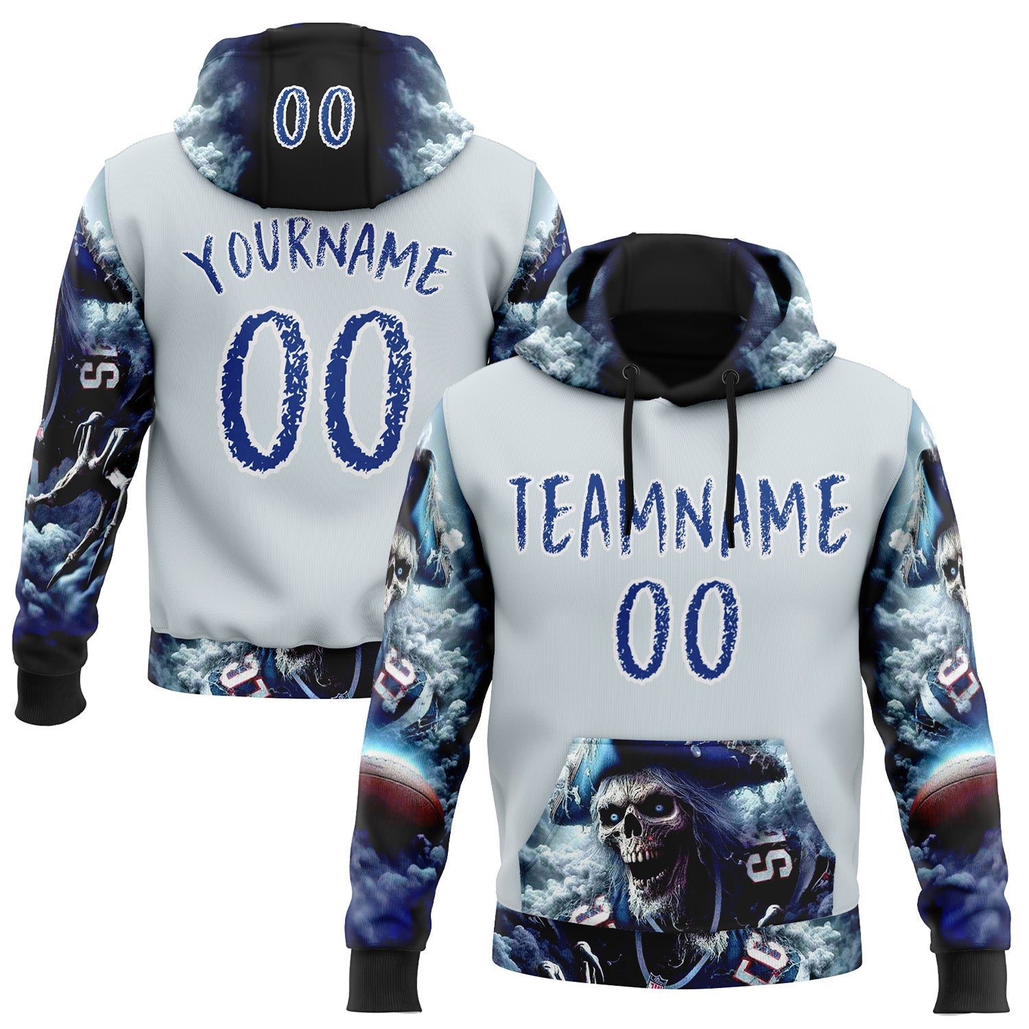 Custom Silver Royal-White 3D Skull Pirate Sports Pullover Sweatshirt Hoodie - Main View