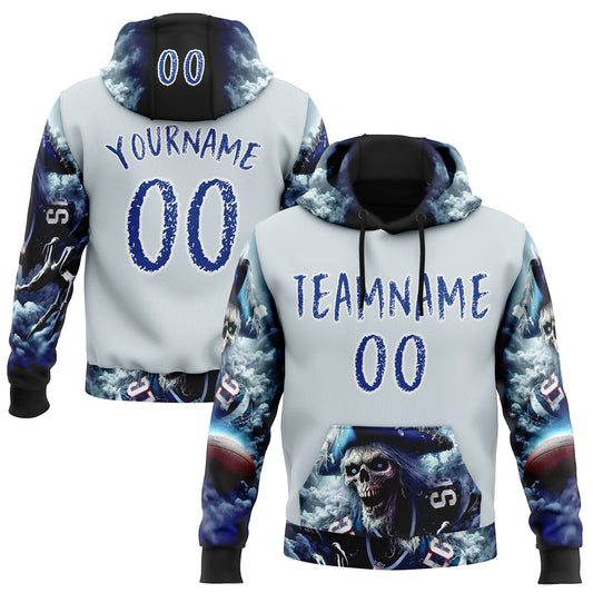 Custom Silver Royal-White 3D Skull Pirate Sports Pullover Sweatshirt Hoodie - Main View