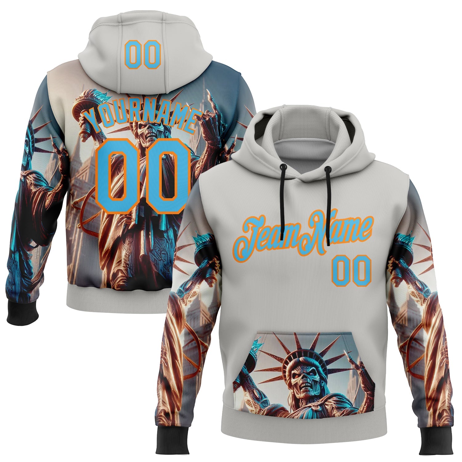 Custom Gray Sky Blue-Bay Orange 3D Skull Statue Of Liberty Sports Pullover Sweatshirt Hoodie view 2