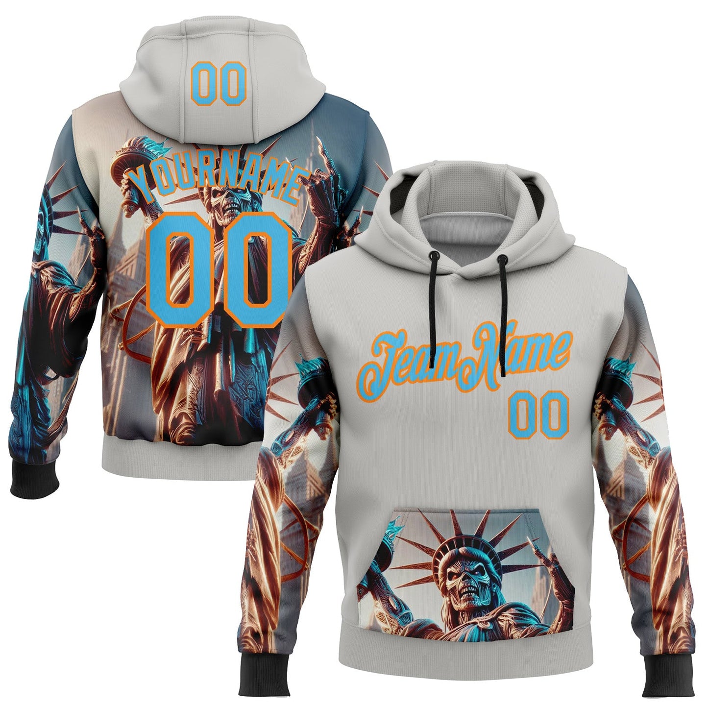 Custom Gray Sky Blue-Bay Orange 3D Skull Statue Of Liberty Sports Pullover Sweatshirt Hoodie - Main View