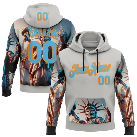 Custom Gray Sky Blue-Bay Orange 3D Skull Statue Of Liberty Sports Pullover Sweatshirt Hoodie - Main View
