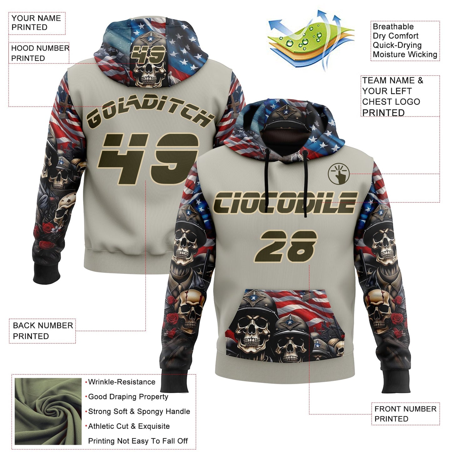 Custom Gray Olive-City Cream 3D Skull American Flag Inspired Veterans Sports Pullover Sweatshirt Hoodie view 2