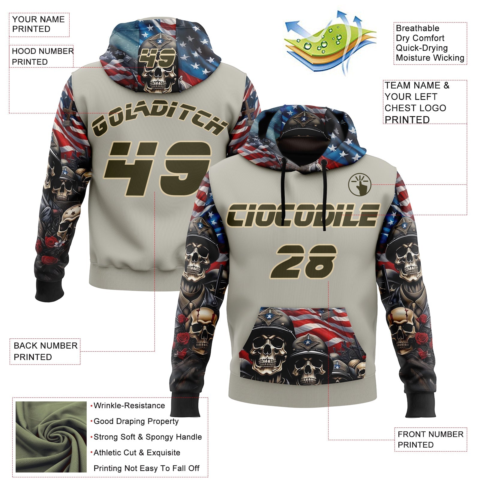 Custom Gray Olive-City Cream 3D Skull American Flag Inspired Veterans Sports Pullover Sweatshirt Hoodie view 2